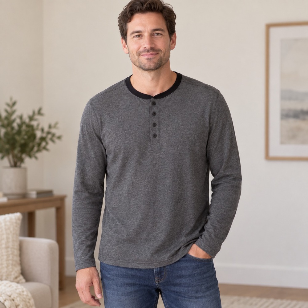 UNTUCKit Men's Large Gray Long Sleeve Henley Shirt Cotton Blend Casual